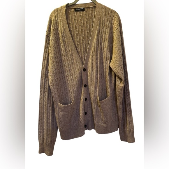 Kallspin Men’s cable knit 45% wool blend sweater Large Coffee tan - Picture 3 of 11